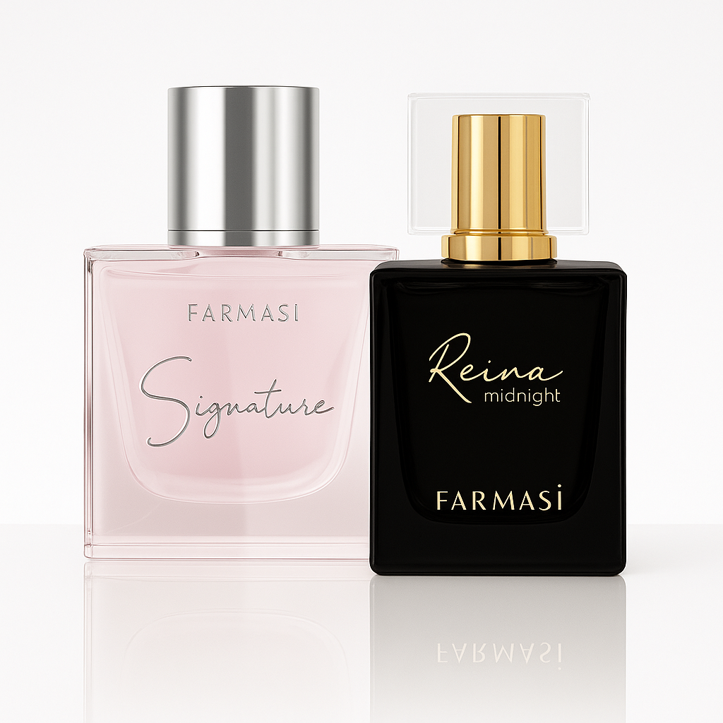 Two Farmasi perfume bottles, one pink and one black, on a white background. Signature and Reina Midnight