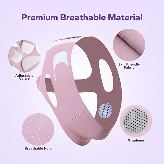 Pink V-Line Lifting chin strap and face mask with features highlighted on a purple background