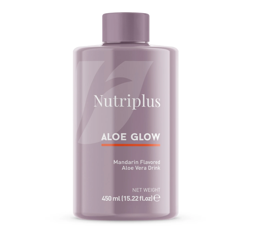 Nutriplus Mandarin flavored Aloe Glow aloe vera drink bottle on a white background