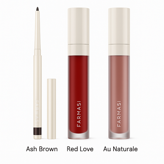 Three lip products from Farmasi with visible shades 'Ash Brown', 'Red Love', and 'Au Naturale' on a white background.