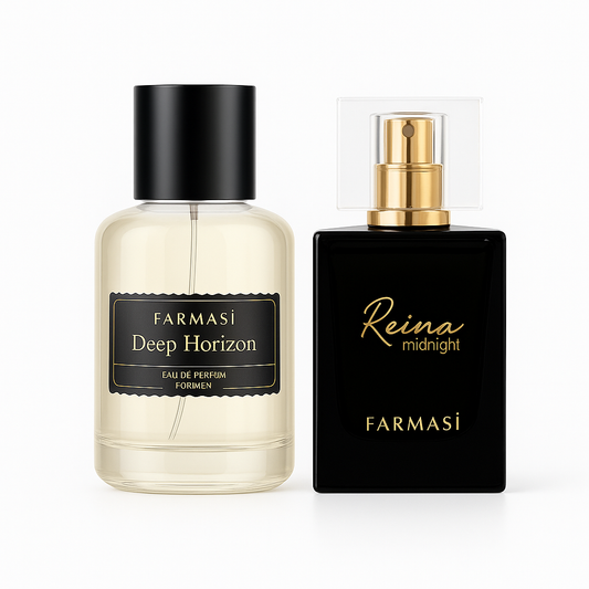 Two Farmasi perfume bottles, 'Deep Horizon' and 'Reina midnight', on a white background.