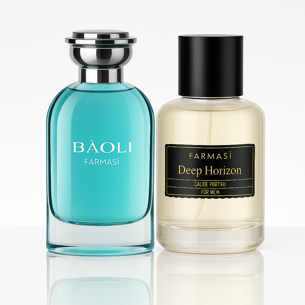 Two Farmasi cologne bottles, one blue and one beige, on a reflective surface with a light gray background. Baoli and Deep Horizon
