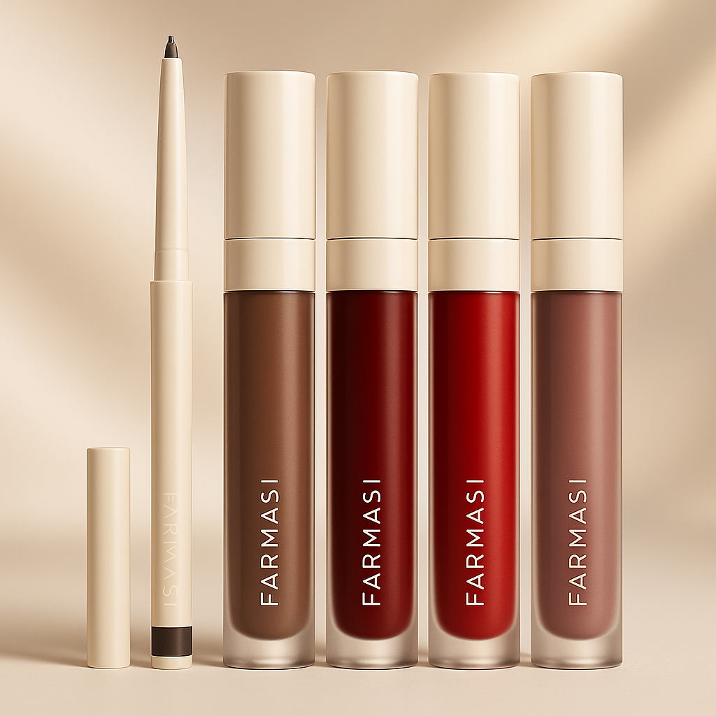 Set of Farmasi lip products including a lip liner and three matte lipsticks on a beige background