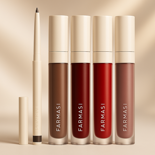 Set of Farmasi lip products including a lip liner and three matte lipsticks on a beige background