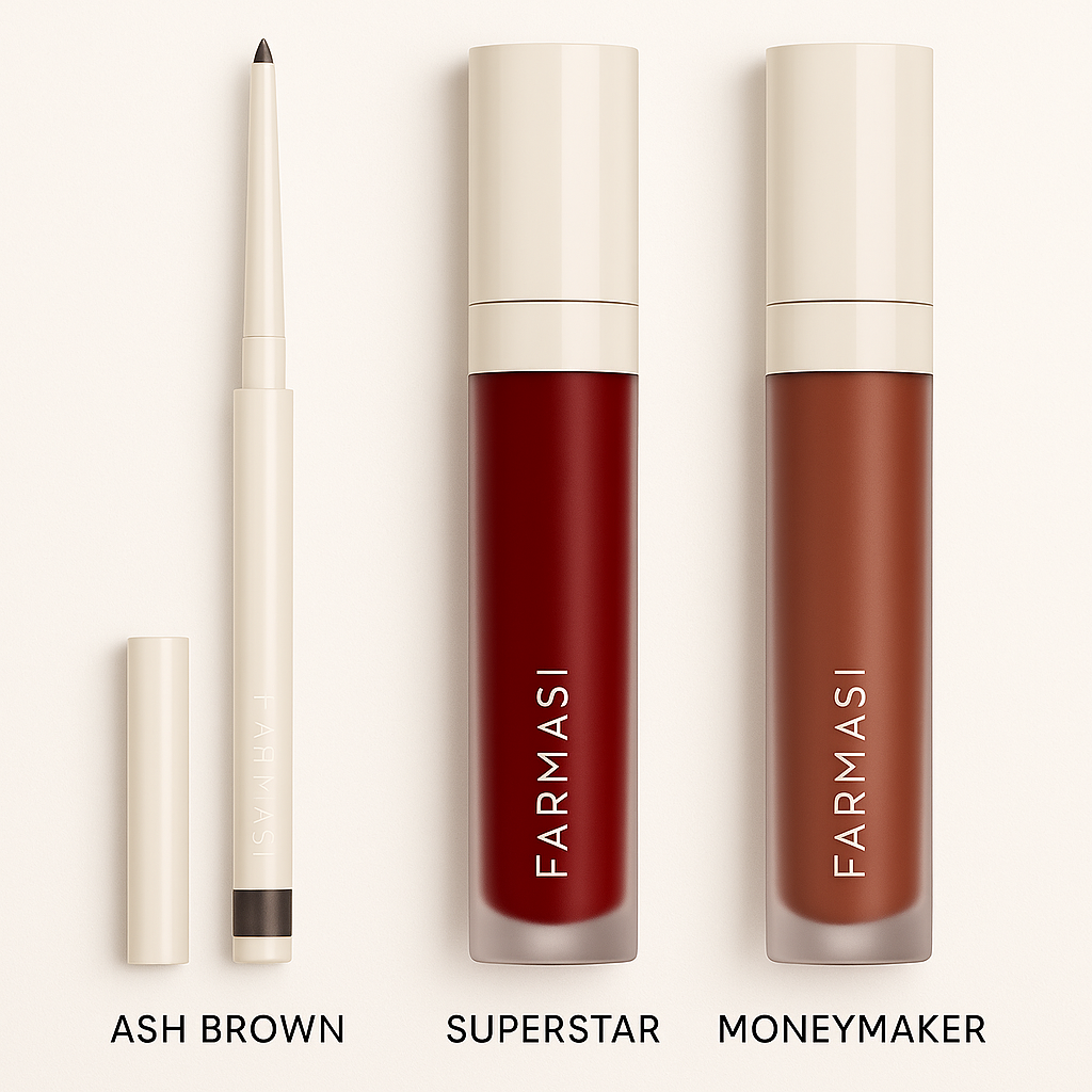 Farmasi lip products including a Ash Brown lip liner and two matte lipsticks Super Star and Money Maker on a white background