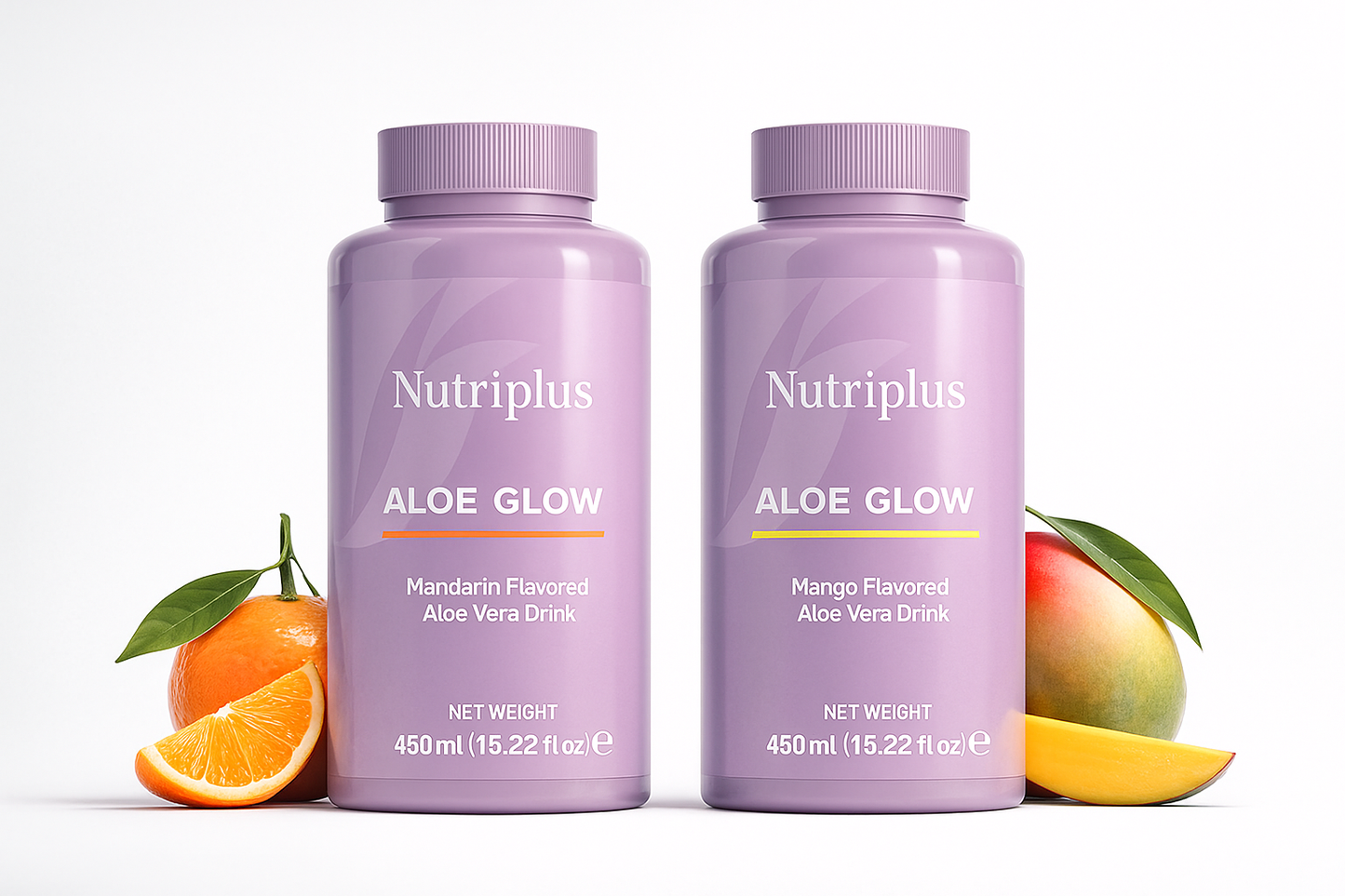 Two bottles of Nutriplus Aloe Glow with fruits on a white background