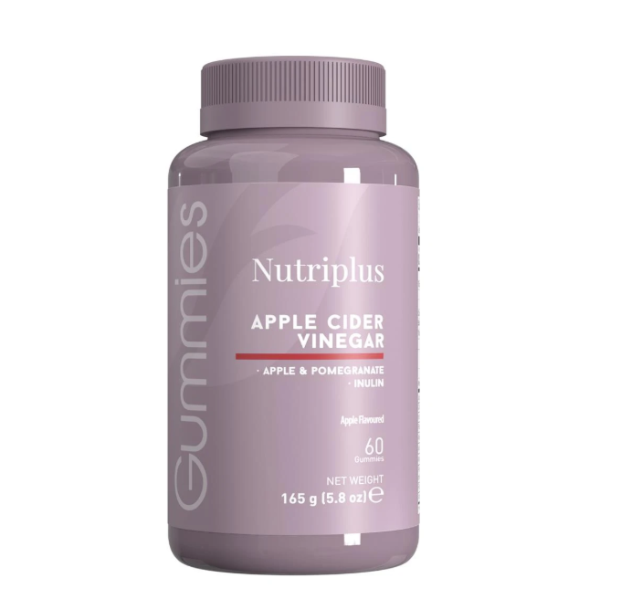 Purple bottle of Nutriplus Apple Cider Vinegar Gummies on a white background
