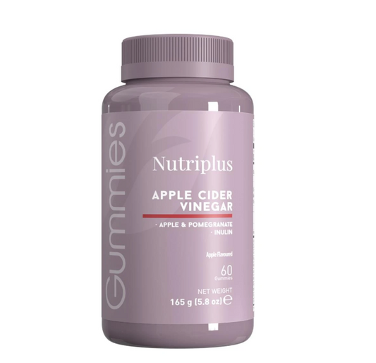 Purple bottle of Nutriplus Apple Cider Vinegar Gummies on a white background