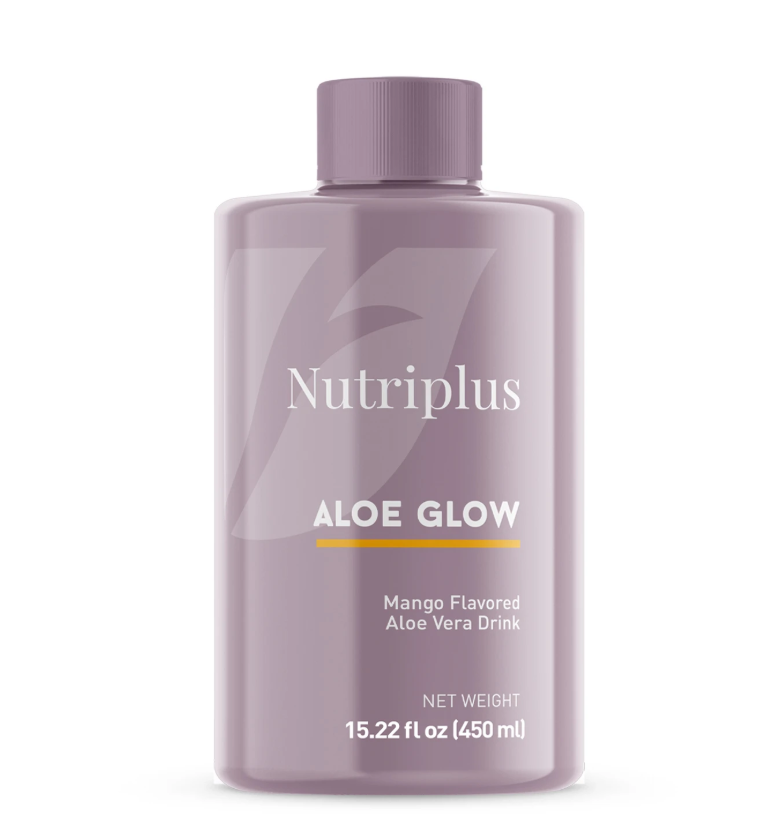 Purple bottle of Nutriplus Mango flavored Aloe Glow on a white background