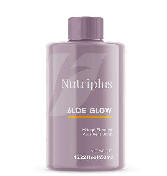 Purple bottle of Nutriplus Mango flavored Aloe Glow on a white background