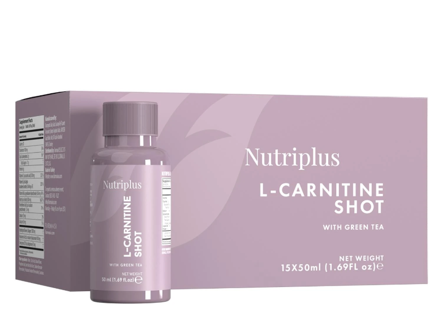 Nutriplus L-Carnitine Shot packaging with bottle on a light purple background