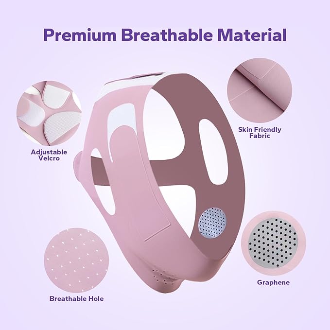 Pink V-Line Lifting chin strap and face mask with features highlighted on a purple background