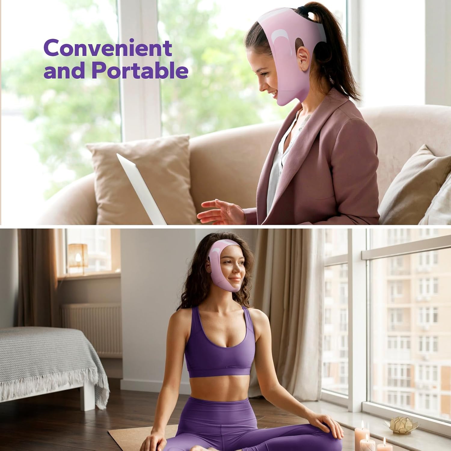 Woman using a v-line chinstrap and face mask in a home.