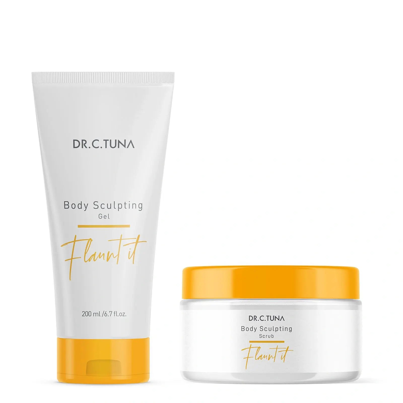 Dr. C. Tuna Flaunt It body sculpting gel and scrub on a white background