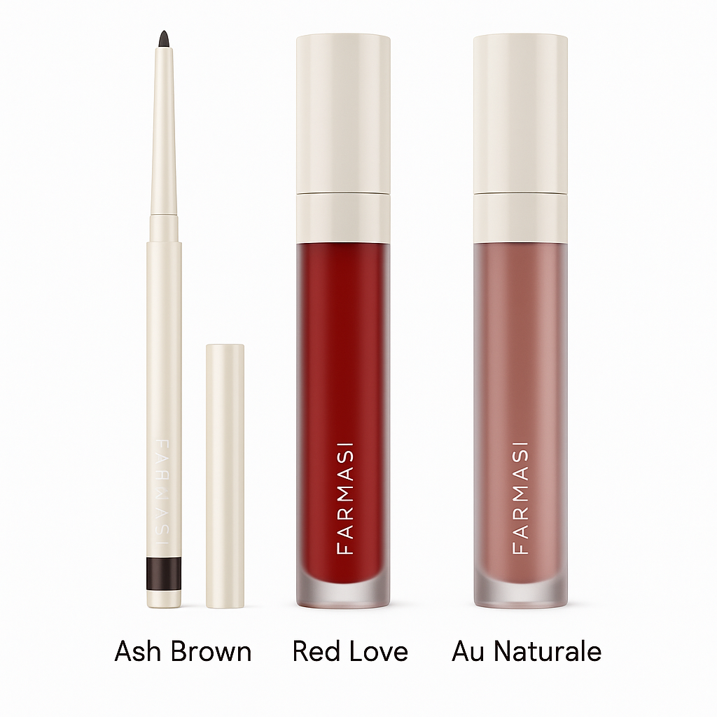 Three lip products from Farmasi with visible shades 'Ash Brown', 'Red Love', and 'Au Naturale' on a white background.