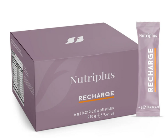 Nutriplus Recharge product packaging with a box and a single stick on a white background